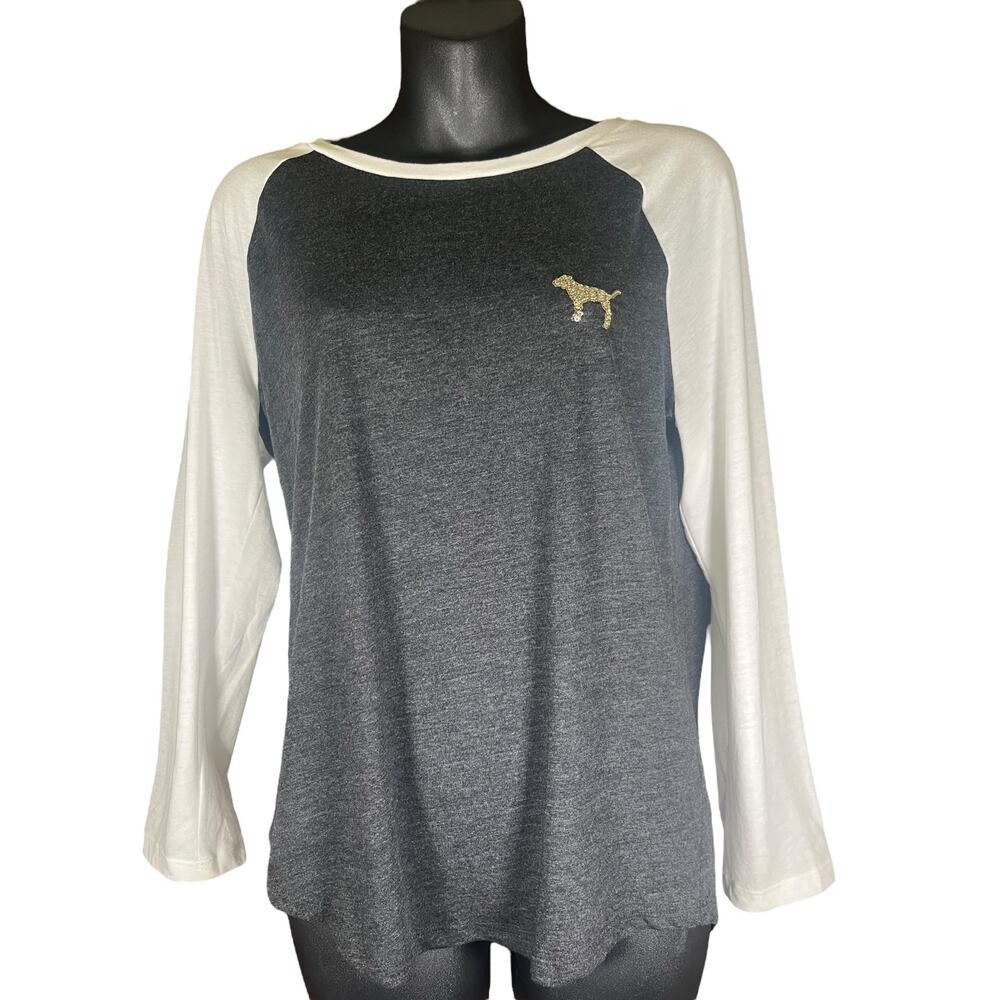 Victoria’s Secret Pink Bling Sequin Dog Long Sleeve White Campus Tee NWT Medium